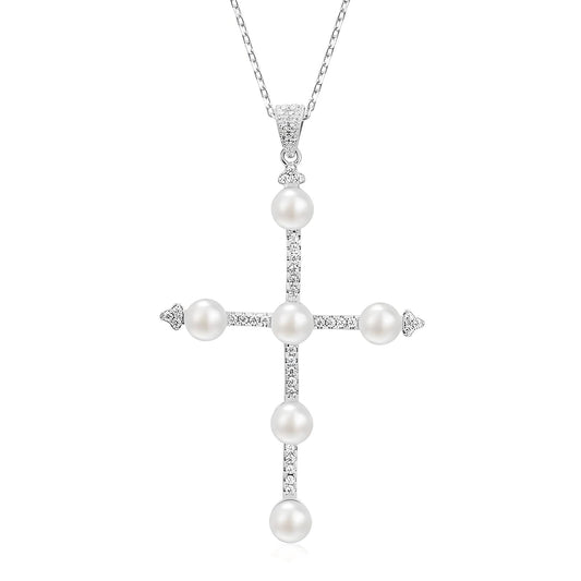 Sterling Silver Natural Freshwater Pearl Cross Design Pendant Necklace - Mia Ishaaq