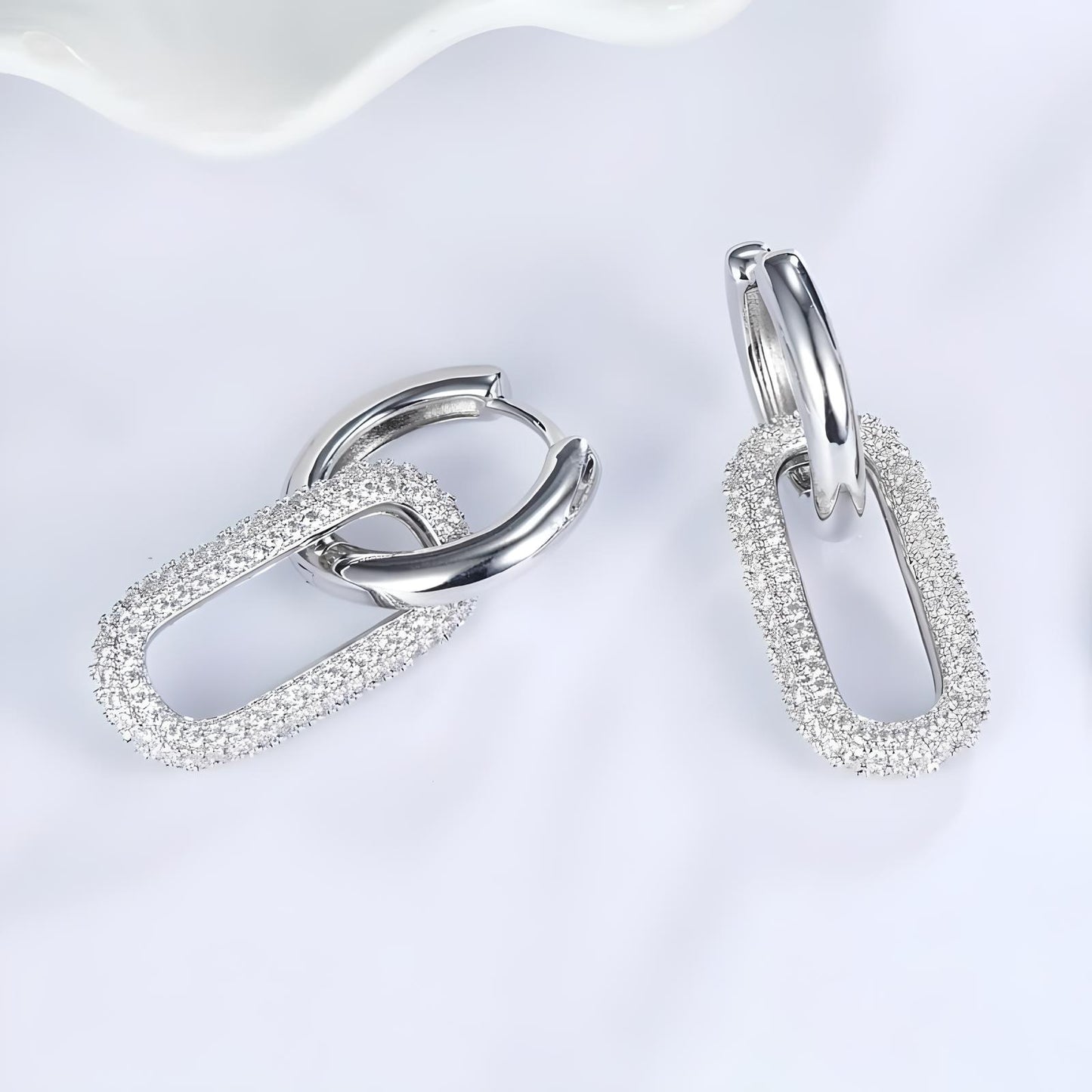 Sterling silver dangle hoop earrings with removable oval charm set in cubic zirconia - Mia Ishaaq