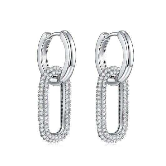 Sterling silver dangle hoop earrings with removable oval charm set in cubic zirconia - Mia Ishaaq