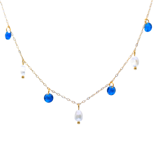 Stainless Steel 18K Gold Plated Waterproof Blue Crystal and Pearl Pendant Necklace - Mia Ishaaq