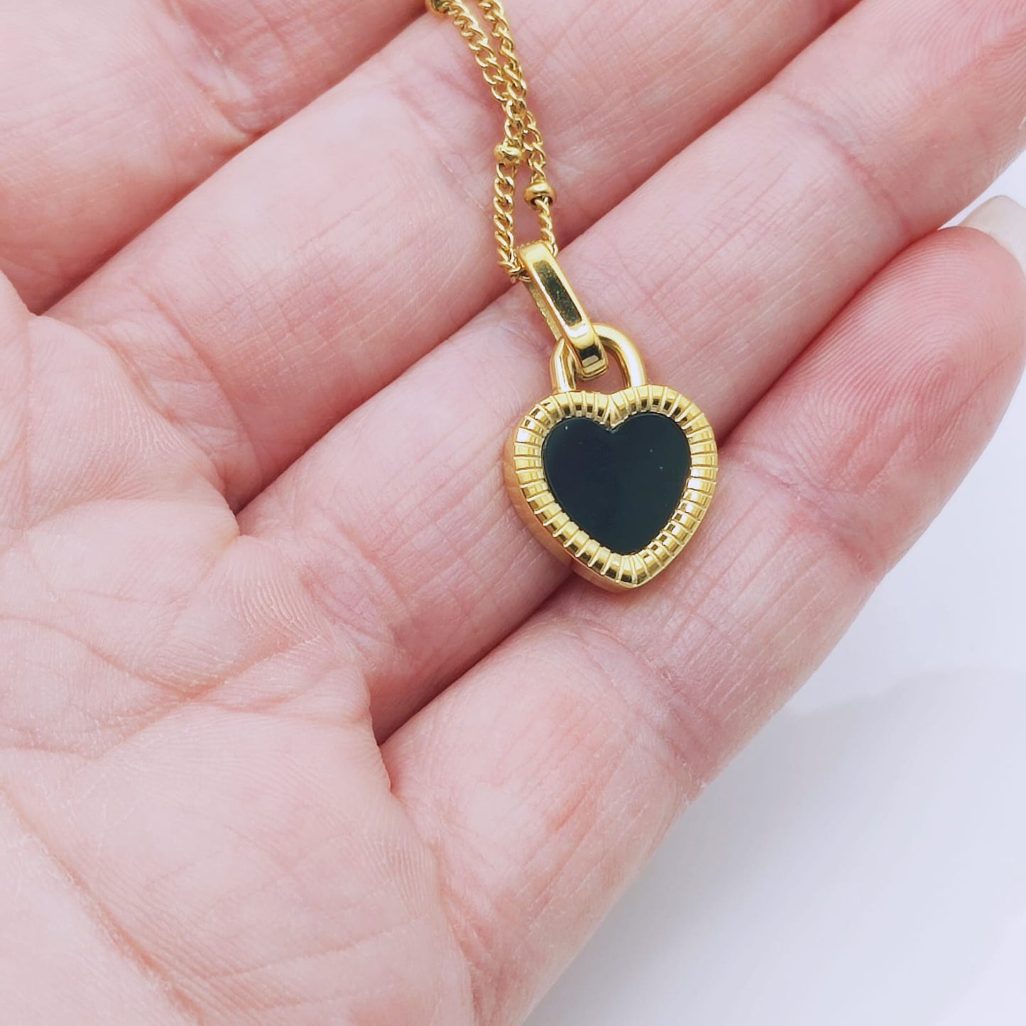 18k gold plated stainless steel reversible enamel heart pendant beaded chain necklace - Mia Ishaaq