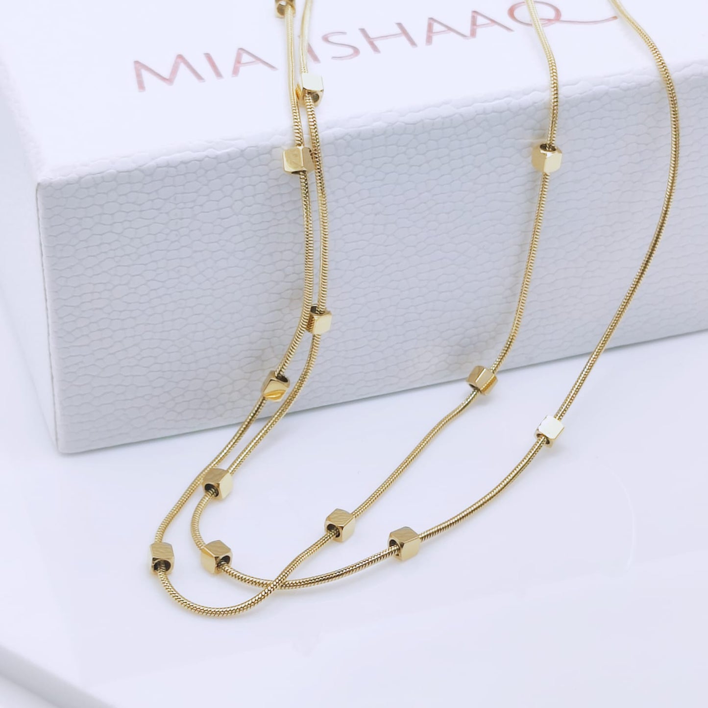 18k Gold Plated Stainless Steel pvd plated waterproof layered chain square beads minimalist necklace - Mia Ishaaq