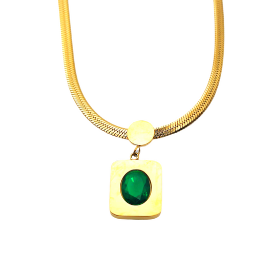 18k gold plated stainless steel waterproof hypoallergenic flat chain necklace with emerald green pendant - Mia Ishaaq