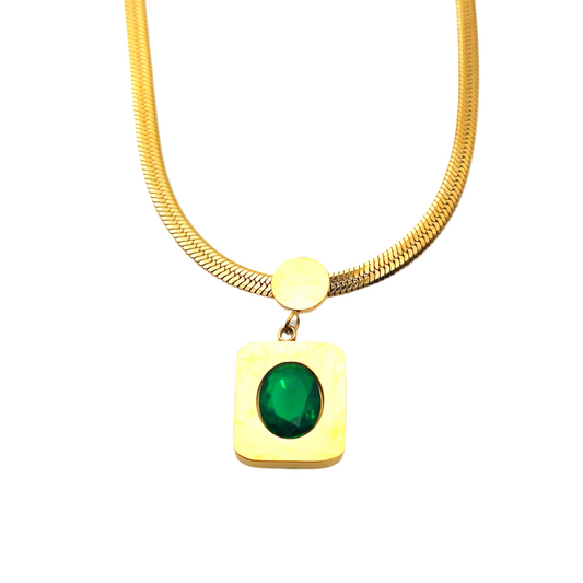 Emerald Green Pendant Flat Chain Gold Waterproof Necklace for Women - Mia Ishaaq