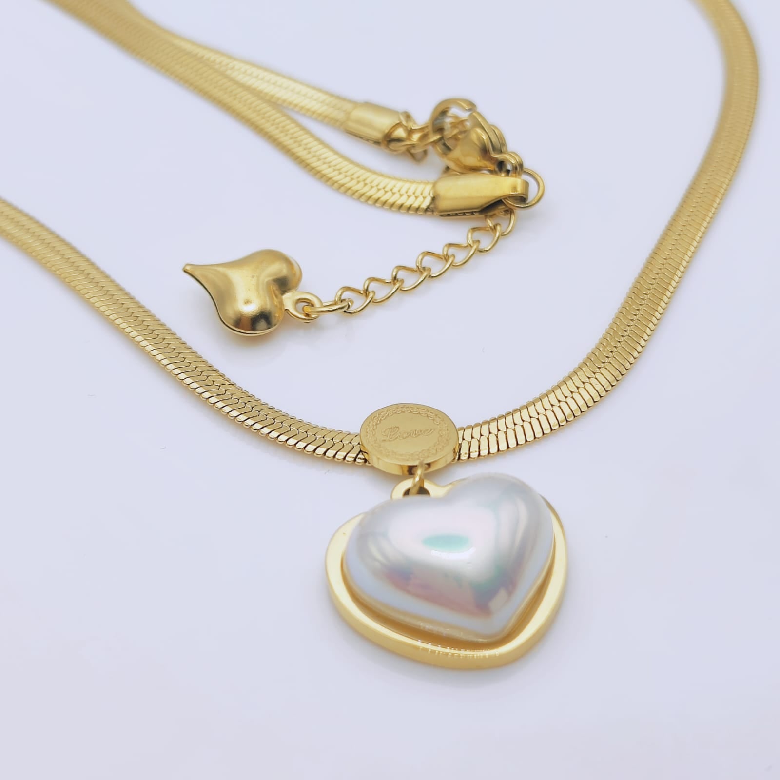 18K Gold Plated Stainless Steel Waterproof Flat Chain Necklace with Iridescent Heart Shape Pendant and Engraved LOVE Message - Mia Ishaaq