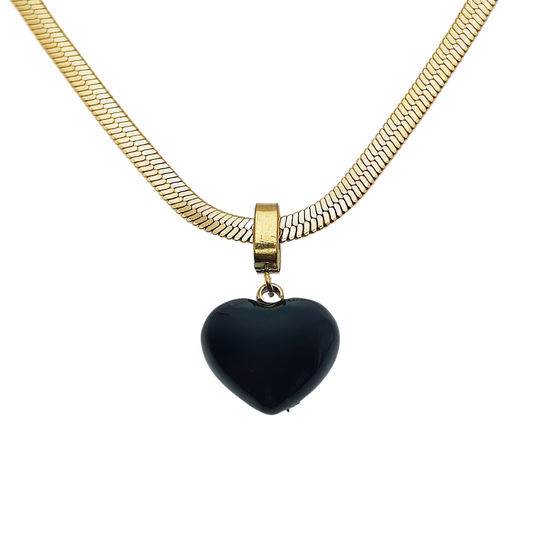 Black Stone Heart Pendant Necklace - Waterproof 18k Gold Plated Stainless Steel Flat Chain - Mia Ishaaq