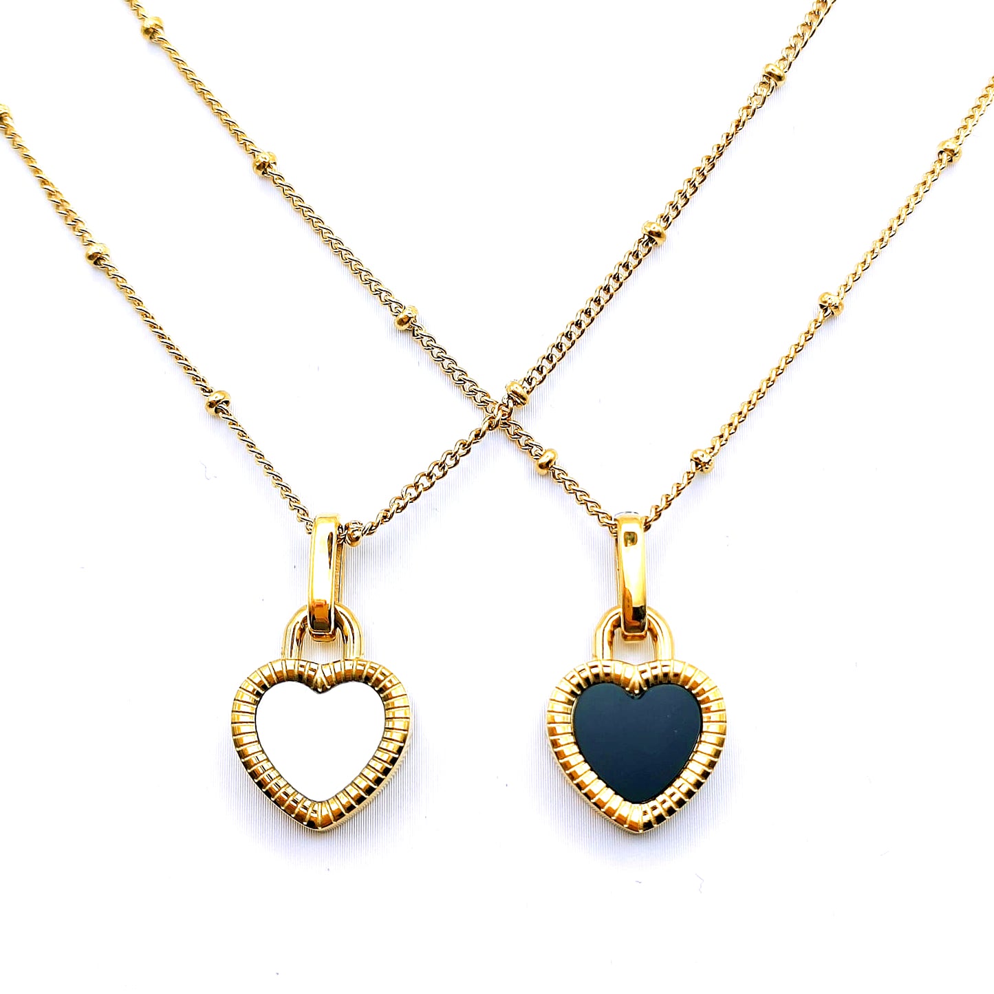 18k gold plated stainless steel reversible enamel heart pendant beaded chain necklace - Mia Ishaaq