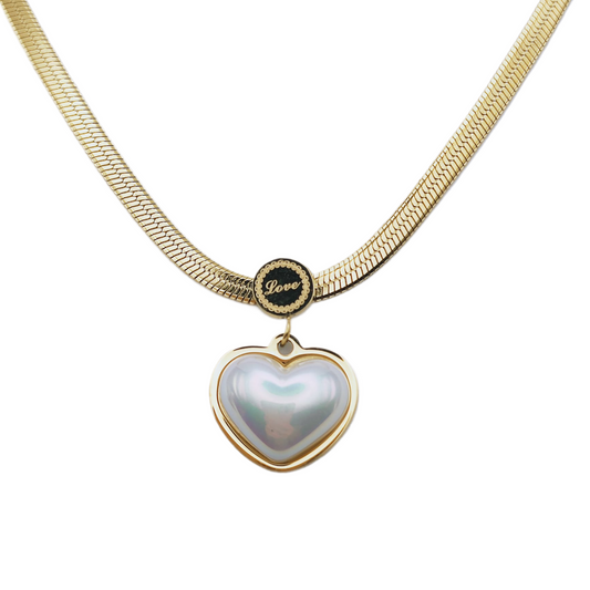 18K Gold Plated Stainless Steel Waterproof Flat Chain Necklace with Iridescent Heart Shape Pendant and Engraved LOVE Message - Mia Ishaaq