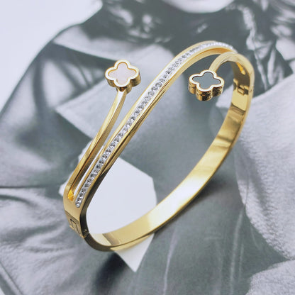 316 Stainless Steel 18k Gold Plated Cubic Zirconia Waterproof Hypoallergenic Clover Leaf Bangle Bracelet - Mia Ishaaq