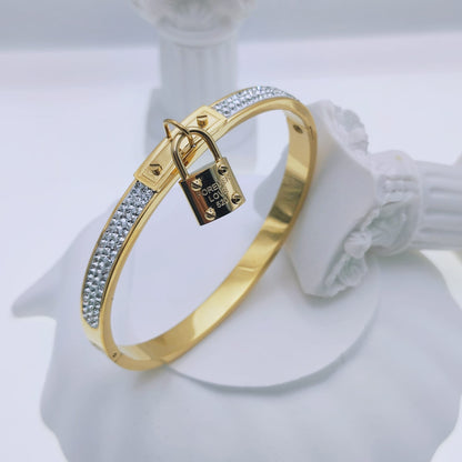 18k gold plated stainless steel crystal accent forever love padlock charm bangle bracelet - Mia Ishaaq