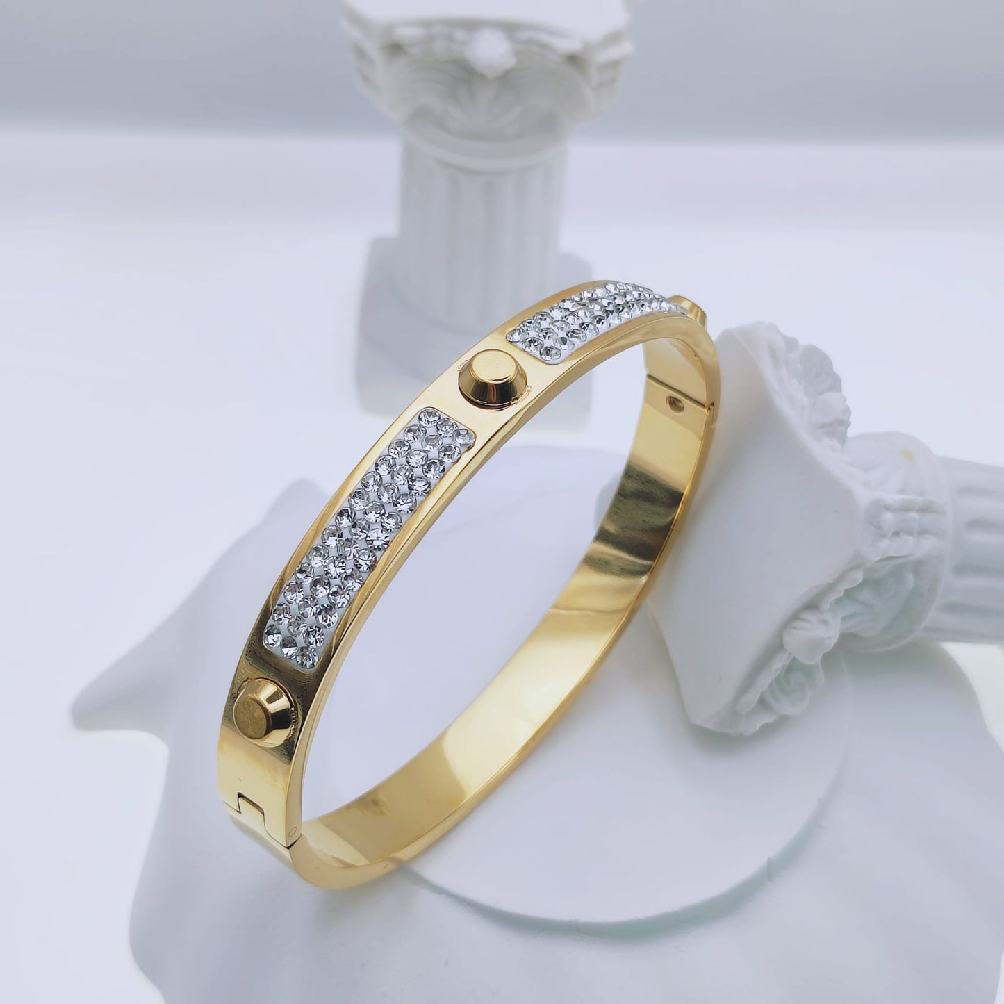 18k gold plated stainless steel half spikes crystal bangle bracelet - Mia Ishaaq