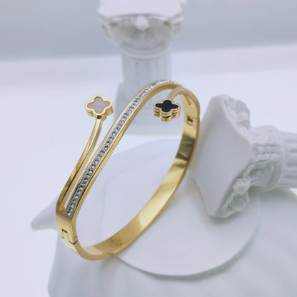 316 Stainless Steel 18k Gold Plated Cubic Zirconia Waterproof Hypoallergenic Clover Leaf Bangle Bracelet - Mia Ishaaq