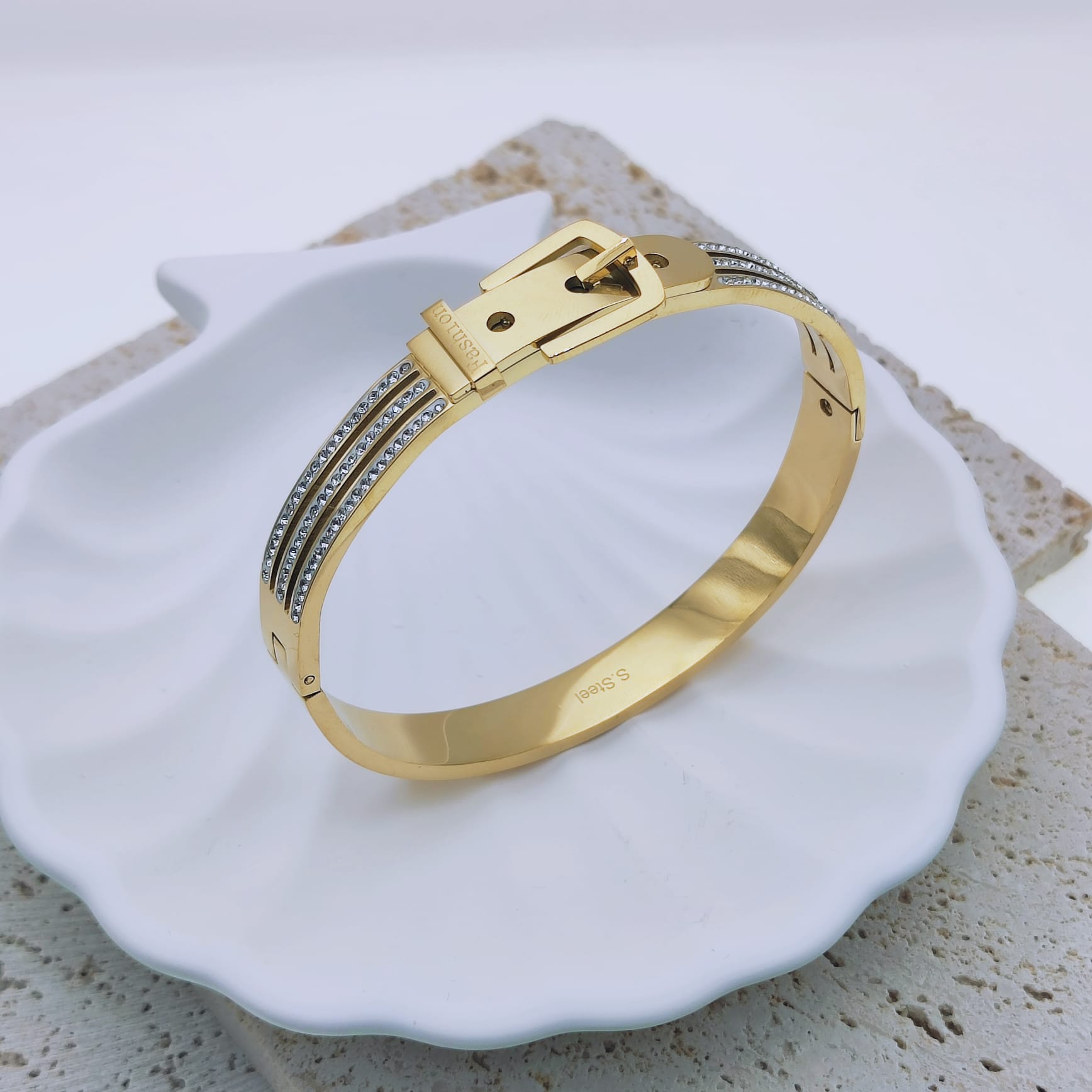 18k gold plated stainless steel waterproof fashion buckle bangle bracelet - Mia Ishaaq