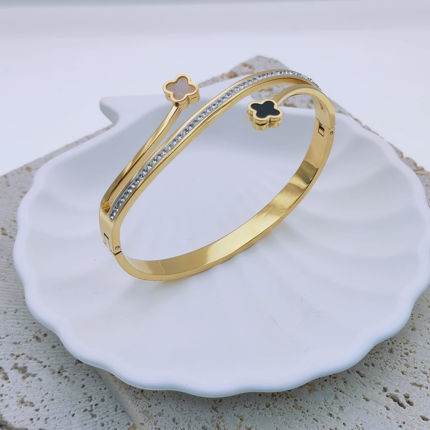 316 Stainless Steel 18k Gold Plated Cubic Zirconia Waterproof Hypoallergenic Clover Leaf Bangle Bracelet - Mia Ishaaq