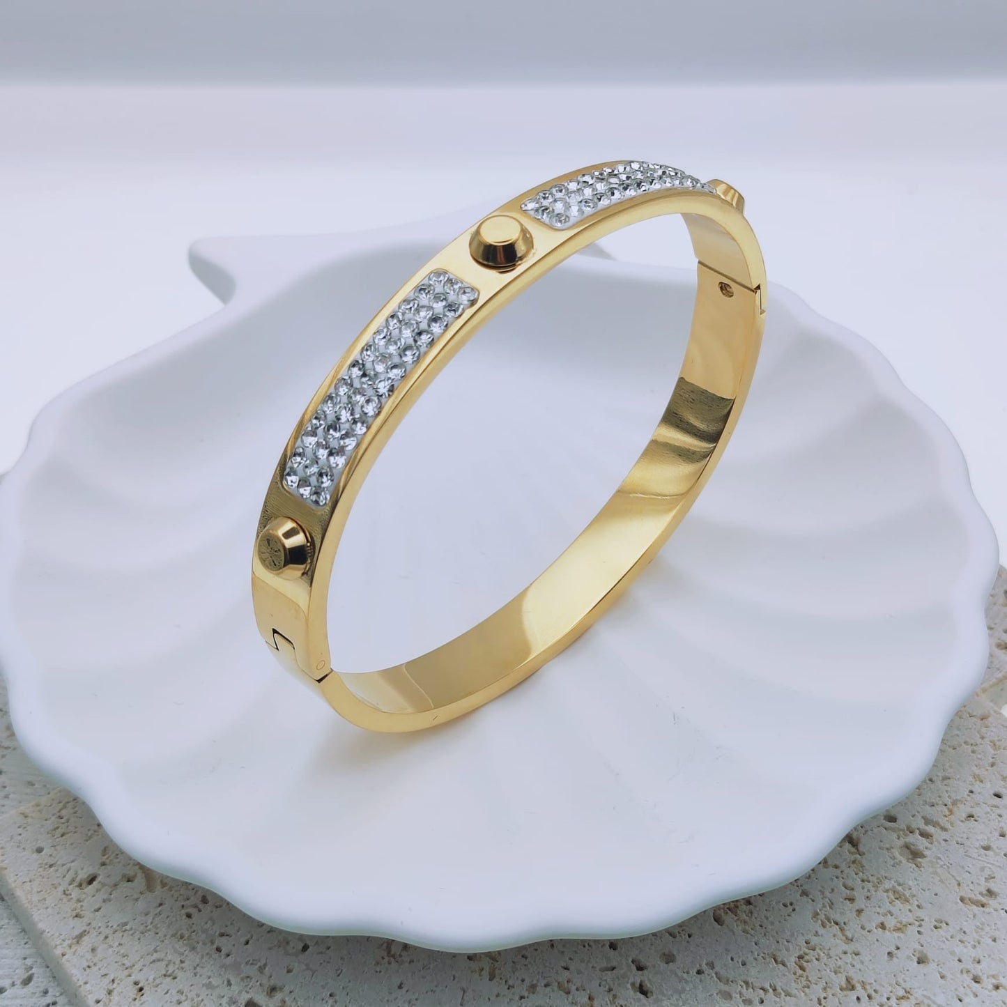 18k gold plated stainless steel half spikes crystal bangle bracelet - Mia Ishaaq