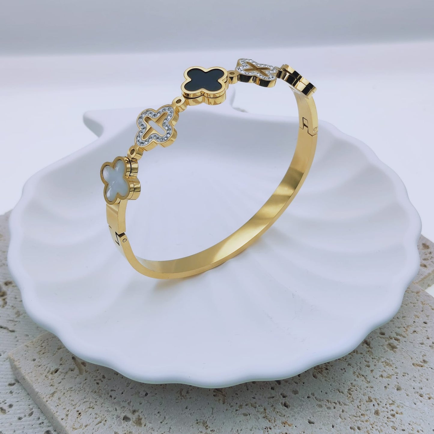 18k gold plated stainless steel waterproof and hypoallergenic four leaf clover designer inspired bangle bracelet - Mia Ishaaq