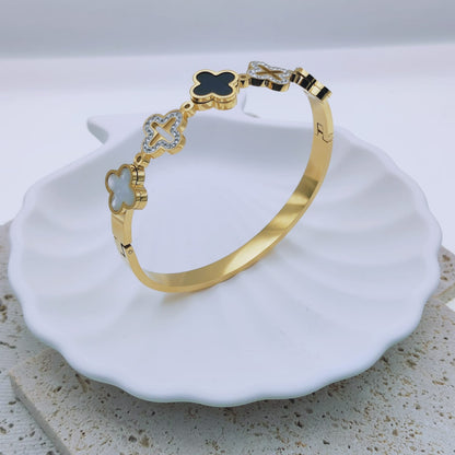 18k gold plated stainless steel waterproof and hypoallergenic four leaf clover designer inspired bangle bracelet - Mia Ishaaq