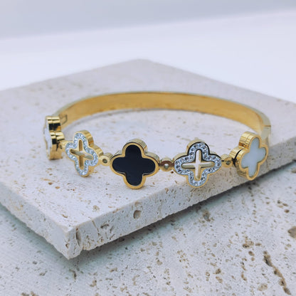 18k gold plated stainless steel waterproof and hypoallergenic four leaf clover designer inspired bangle bracelet - Mia Ishaaq