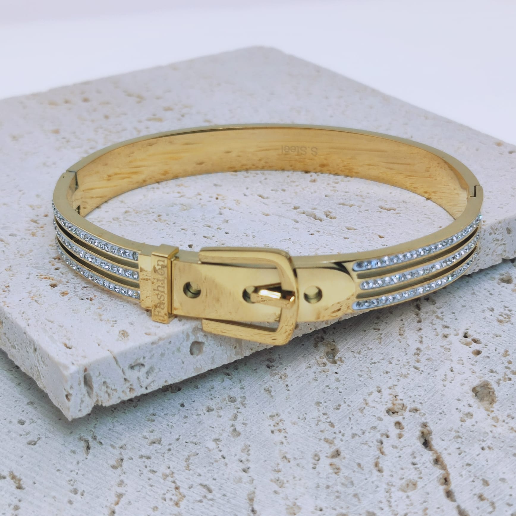 18k gold plated stainless steel waterproof fashion buckle bangle bracelet - Mia Ishaaq