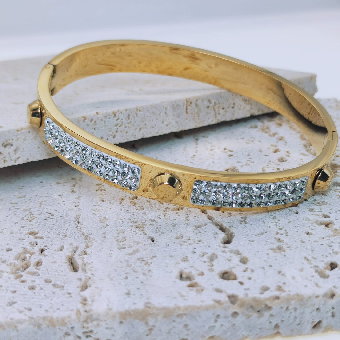 18k gold plated stainless steel half spikes crystal bangle bracelet - Mia Ishaaq