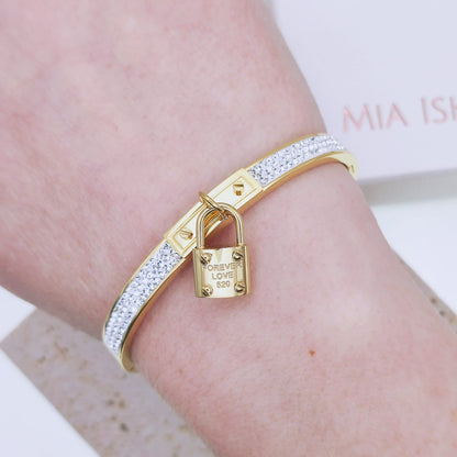 18k gold plated stainless steel crystal accent forever love padlock charm bangle bracelet - Mia Ishaaq