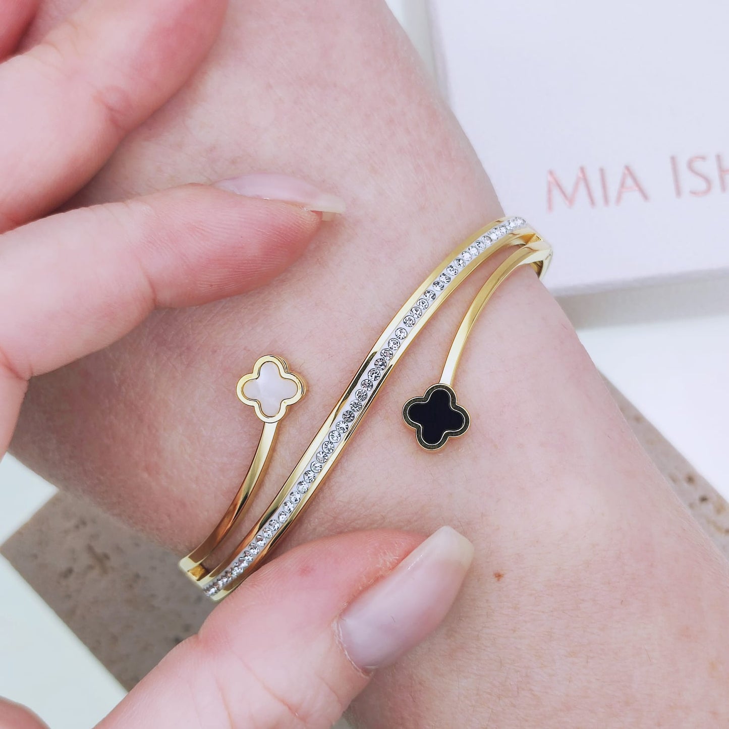 316 Stainless Steel 18k Gold Plated Cubic Zirconia Waterproof Hypoallergenic Clover Leaf Bangle Bracelet - Mia Ishaaq