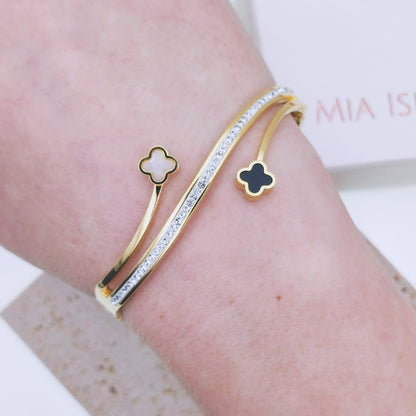 316 Stainless Steel 18k Gold Plated Cubic Zirconia Waterproof Hypoallergenic Clover Leaf Bangle Bracelet - Mia Ishaaq