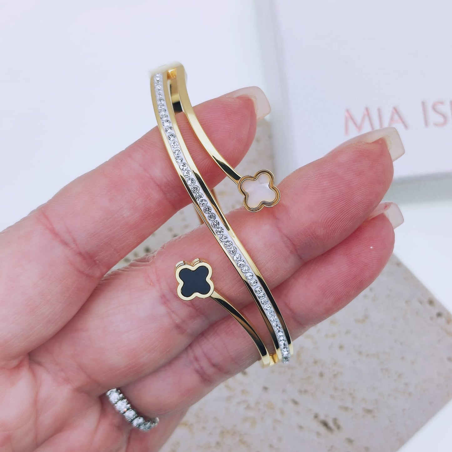 316 Stainless Steel 18k Gold Plated Cubic Zirconia Waterproof Hypoallergenic Clover Leaf Bangle Bracelet - Mia Ishaaq