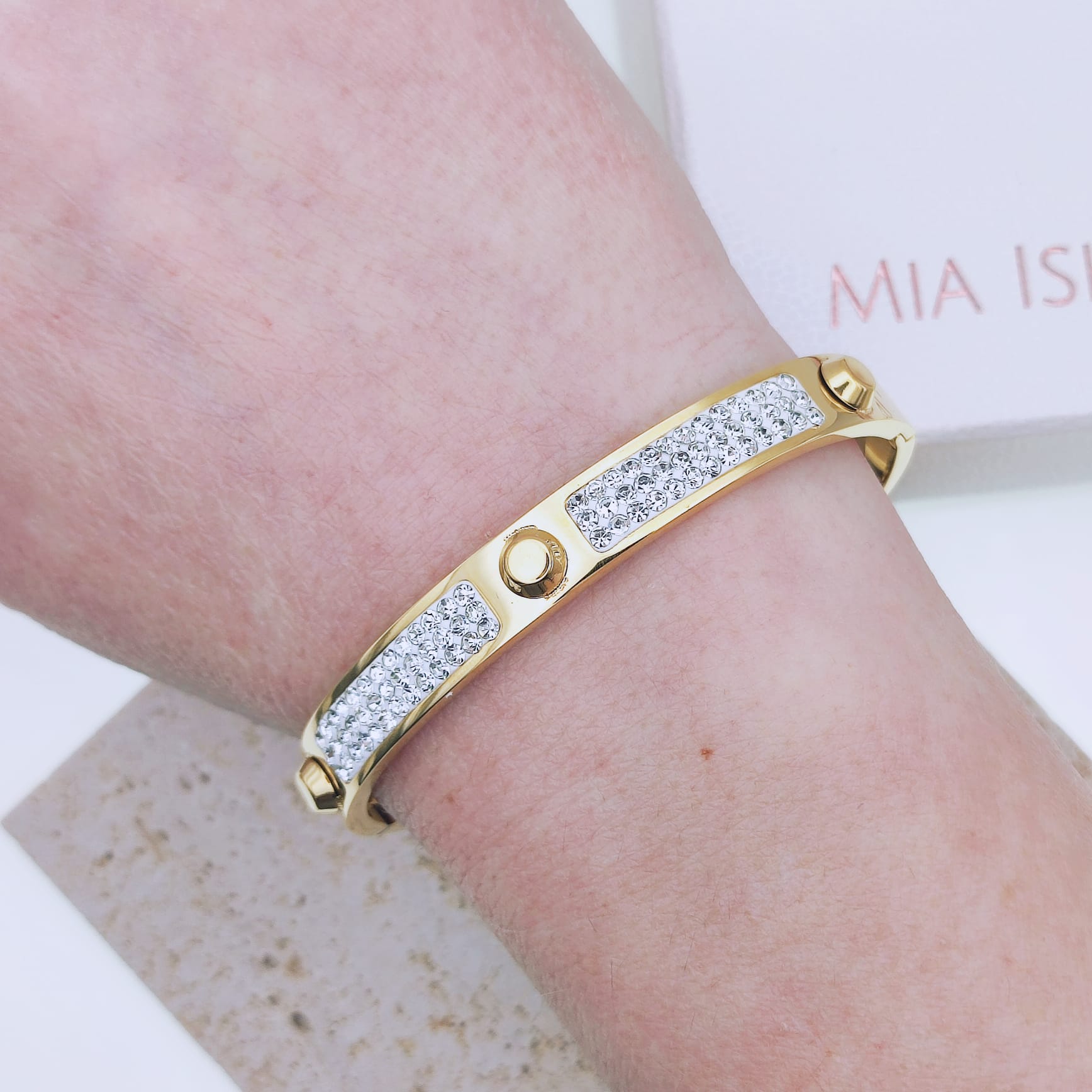 18k gold plated stainless steel half spikes crystal bangle bracelet - Mia Ishaaq