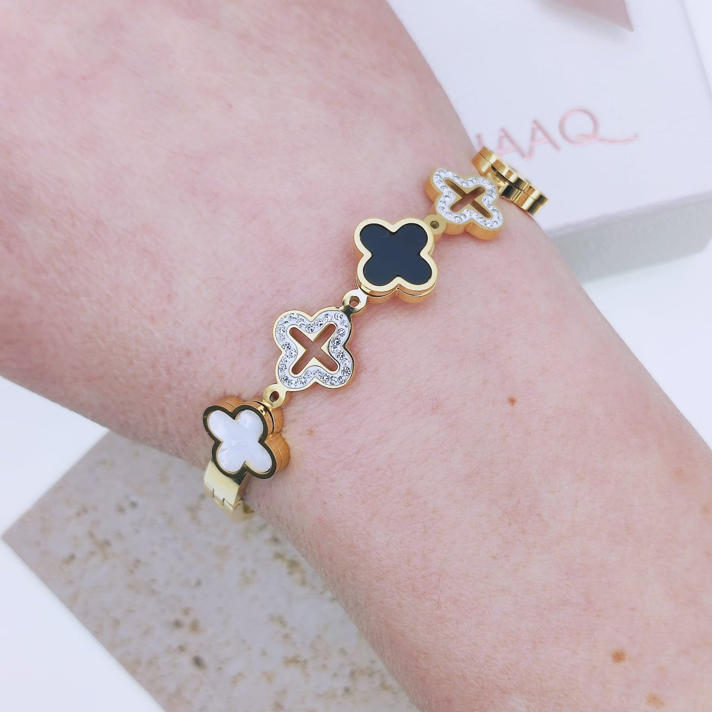 18k gold plated stainless steel waterproof and hypoallergenic four leaf clover designer inspired bangle bracelet - Mia Ishaaq