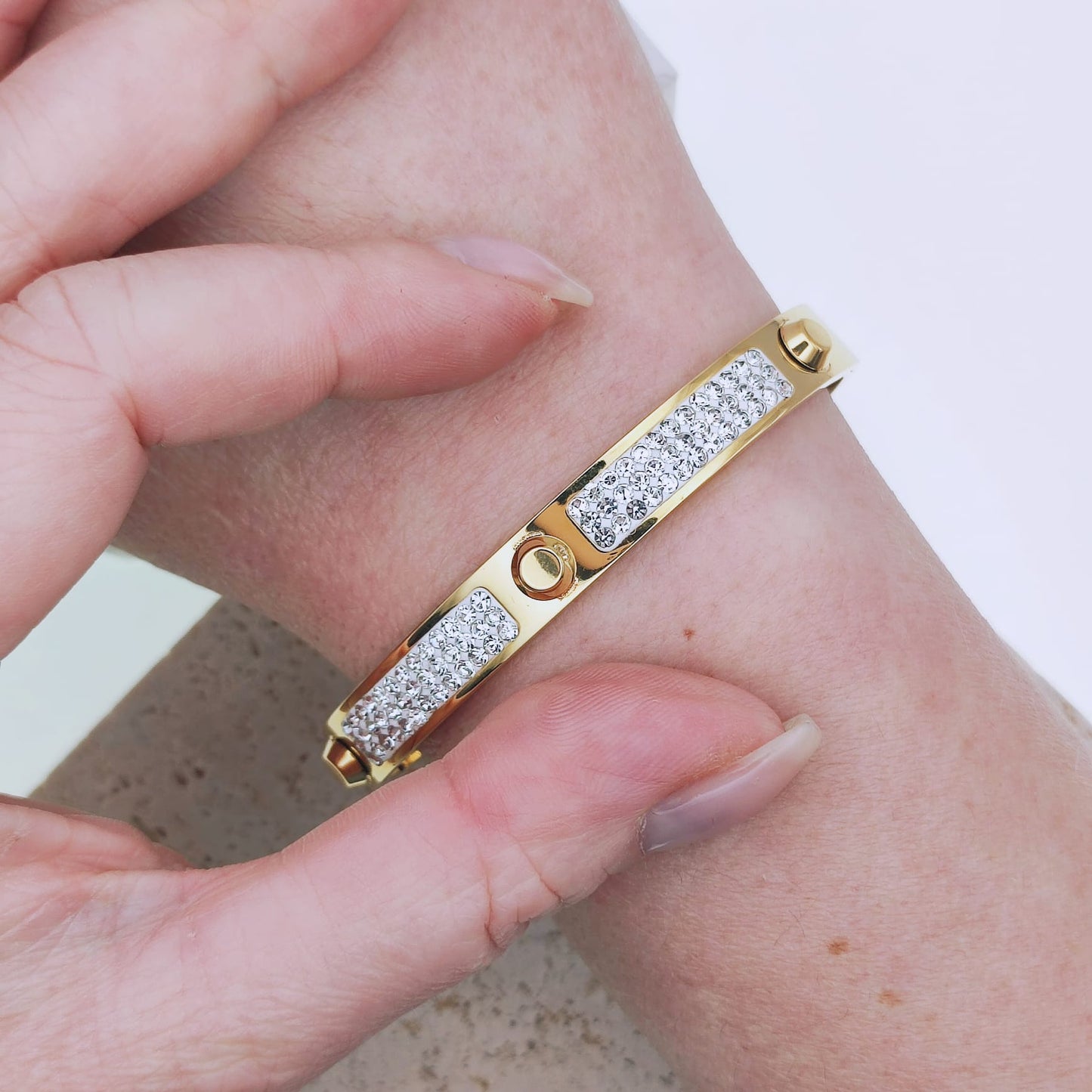 18k gold plated stainless steel half spikes crystal bangle bracelet - Mia Ishaaq