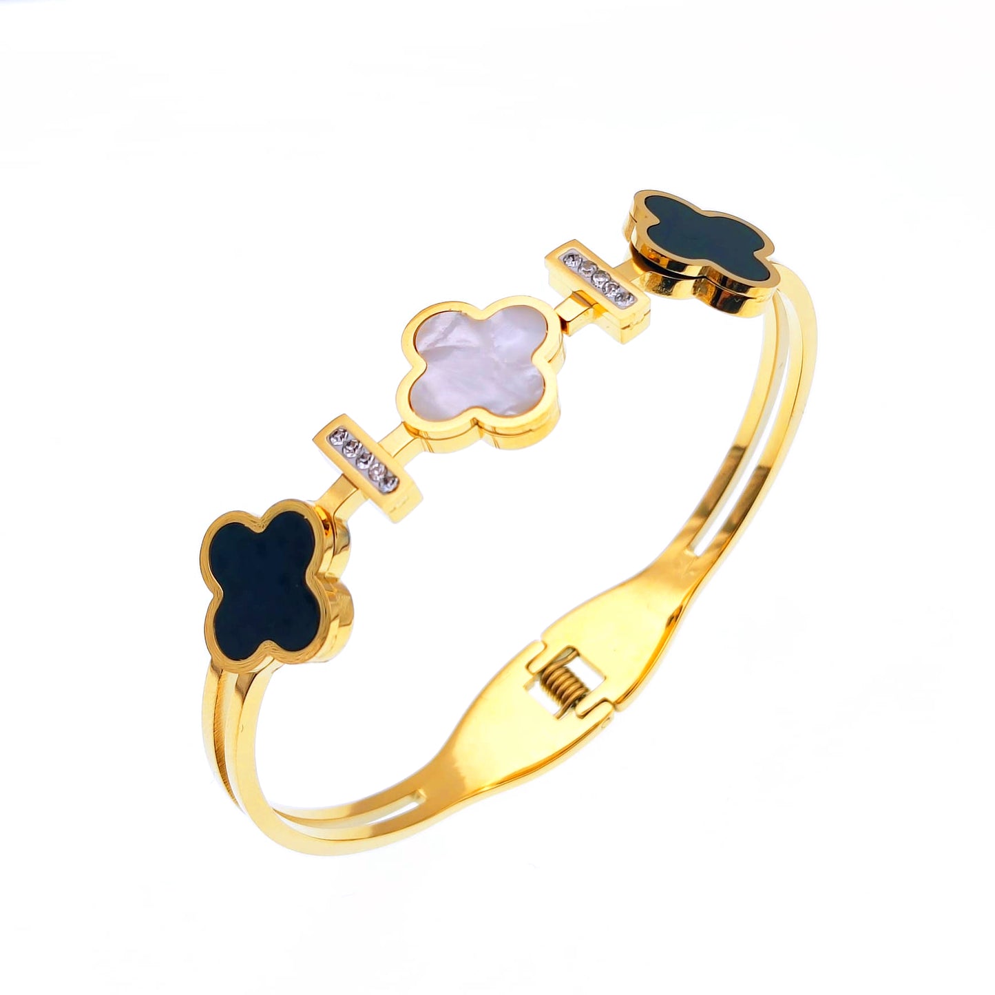 Image: Sparkling 18K gold four-leaf clover bracelet, designed for enduring elegance. Waterproof and stylish accessory for a timeless charm - Mia Ishaaq