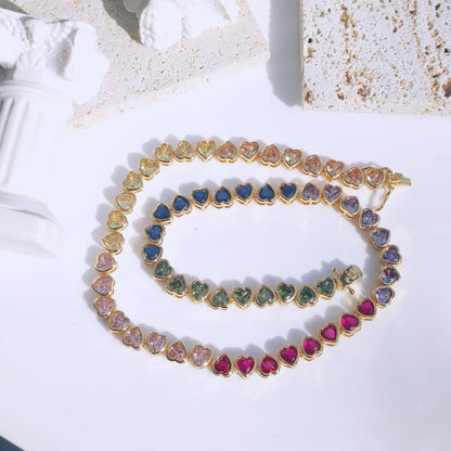 18k gold plated rainbow heart chain tennis necklace - Mia Ishaaq