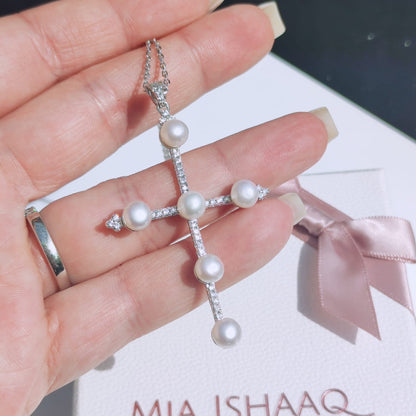 Sterling Silver Natural Freshwater Pearl Cross Design Pendant Necklace - Mia Ishaaq