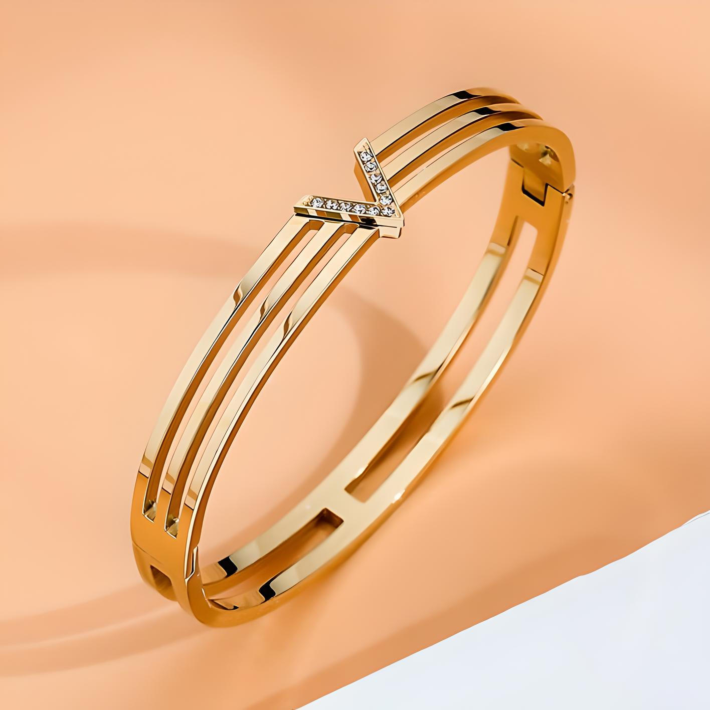 18k gold waterproof stainless steel initial letter V multi line crystal bangle bracelet - Mia Ishaaq