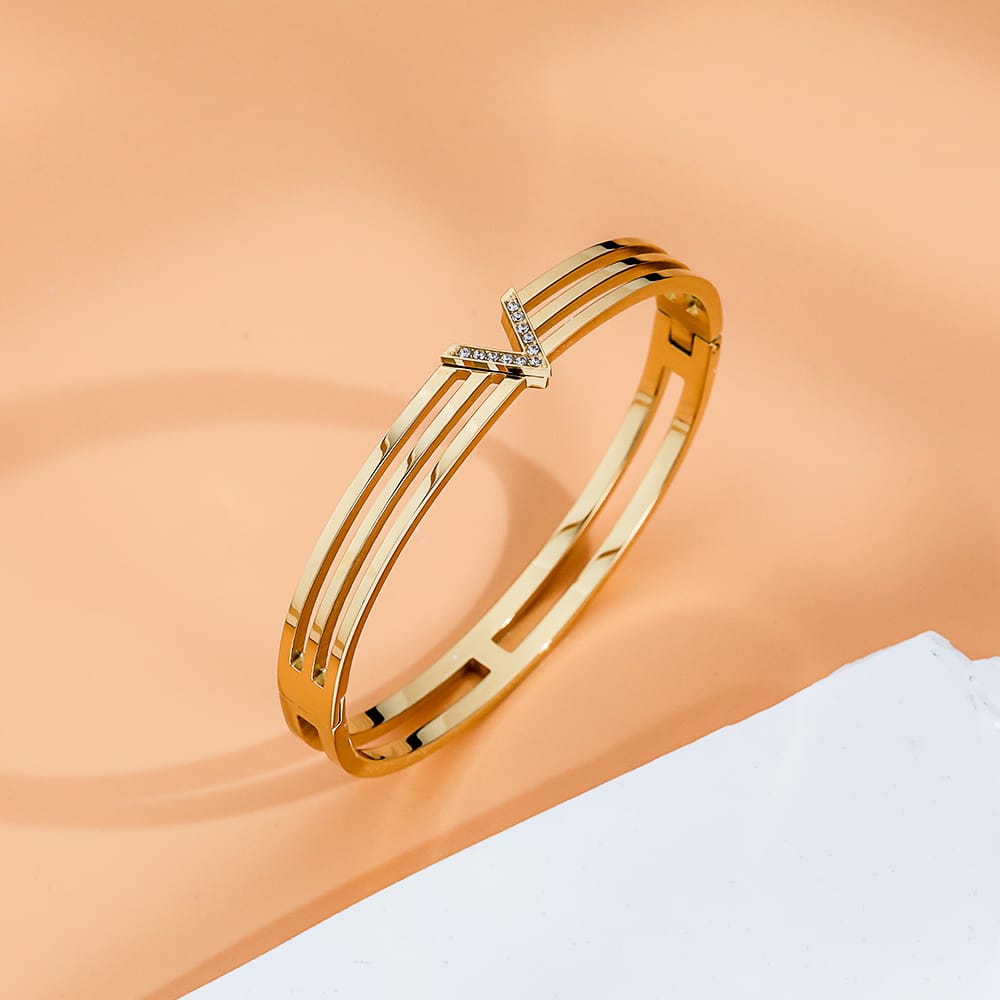 18k gold waterproof stainless steel initial letter V multi line crystal bangle bracelet - Mia Ishaaq