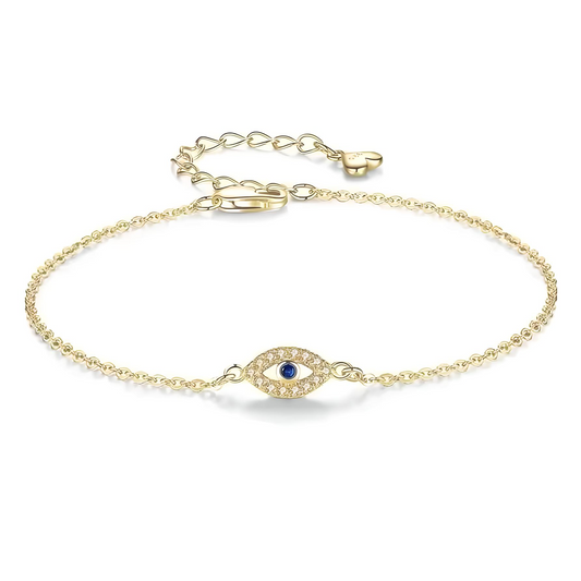 A delicate 18K gold-plated bracelet featuring a sterling silver chain with an elegant evil eye charm - Mia Ishaaq