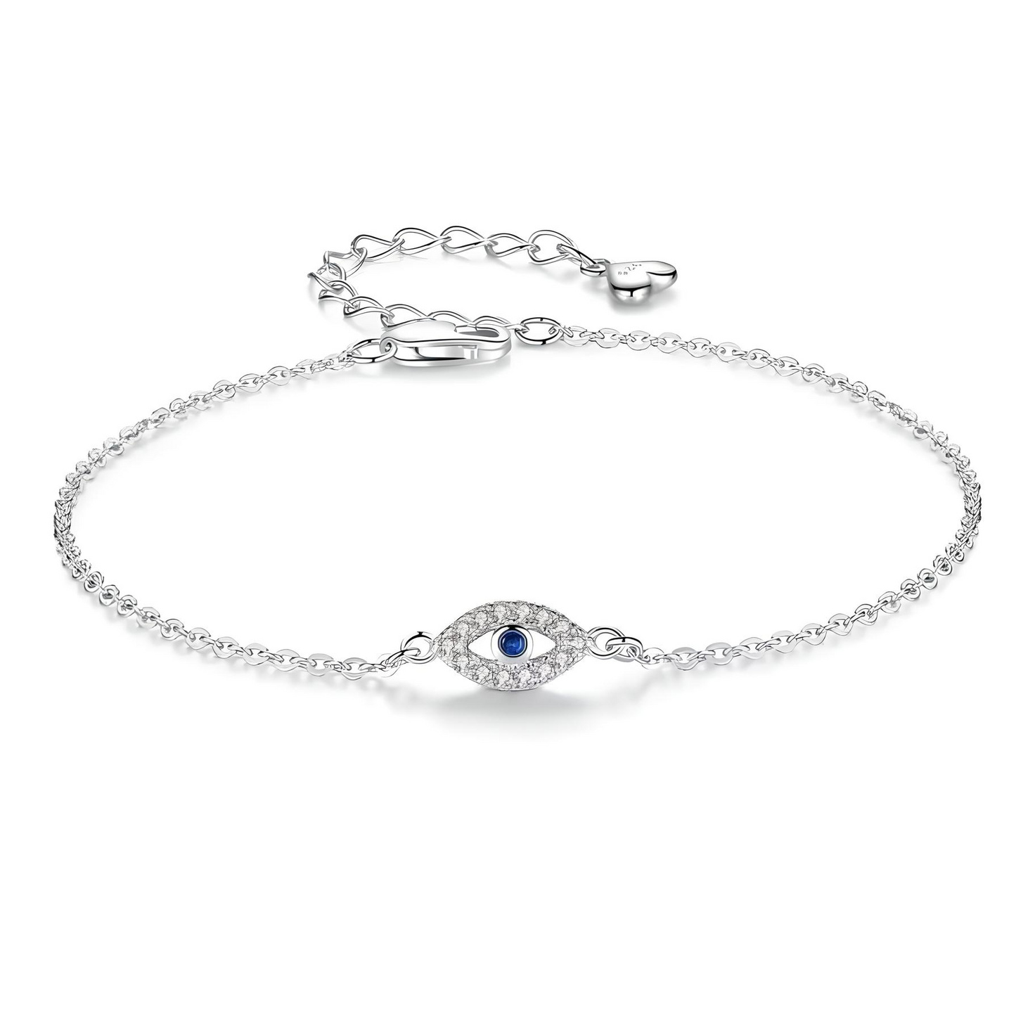 Elegant sterling silver bracelet featuring a delicate evil eye charm adorned with sparkling cubic zirconia and a blue centerpiece, symbolizing protection and style - Mia Ishaaq