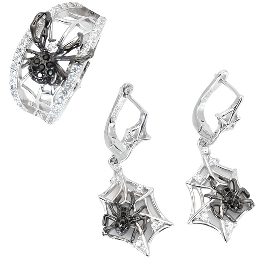 925 Sterling Silver Halloween Dangle Earrings and spider web ring set - Mia Ishaaq