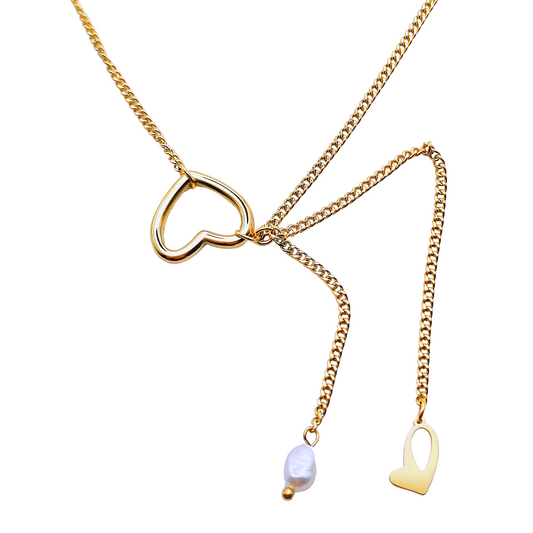 18k gold plated stainless steel heart charm pearl tassel waterproof hypoallergenic necklace - Mia Ishaaq