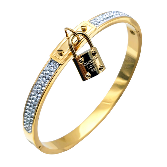 18k gold plated stainless steel crystal accent forever love padlock charm bangle bracelet - Mia Ishaaq