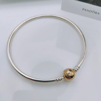 Pandora Moments 925 Sterling Silver Bangle Bracelet with 14k Gold Ball Clasp - Mia Ishaaq