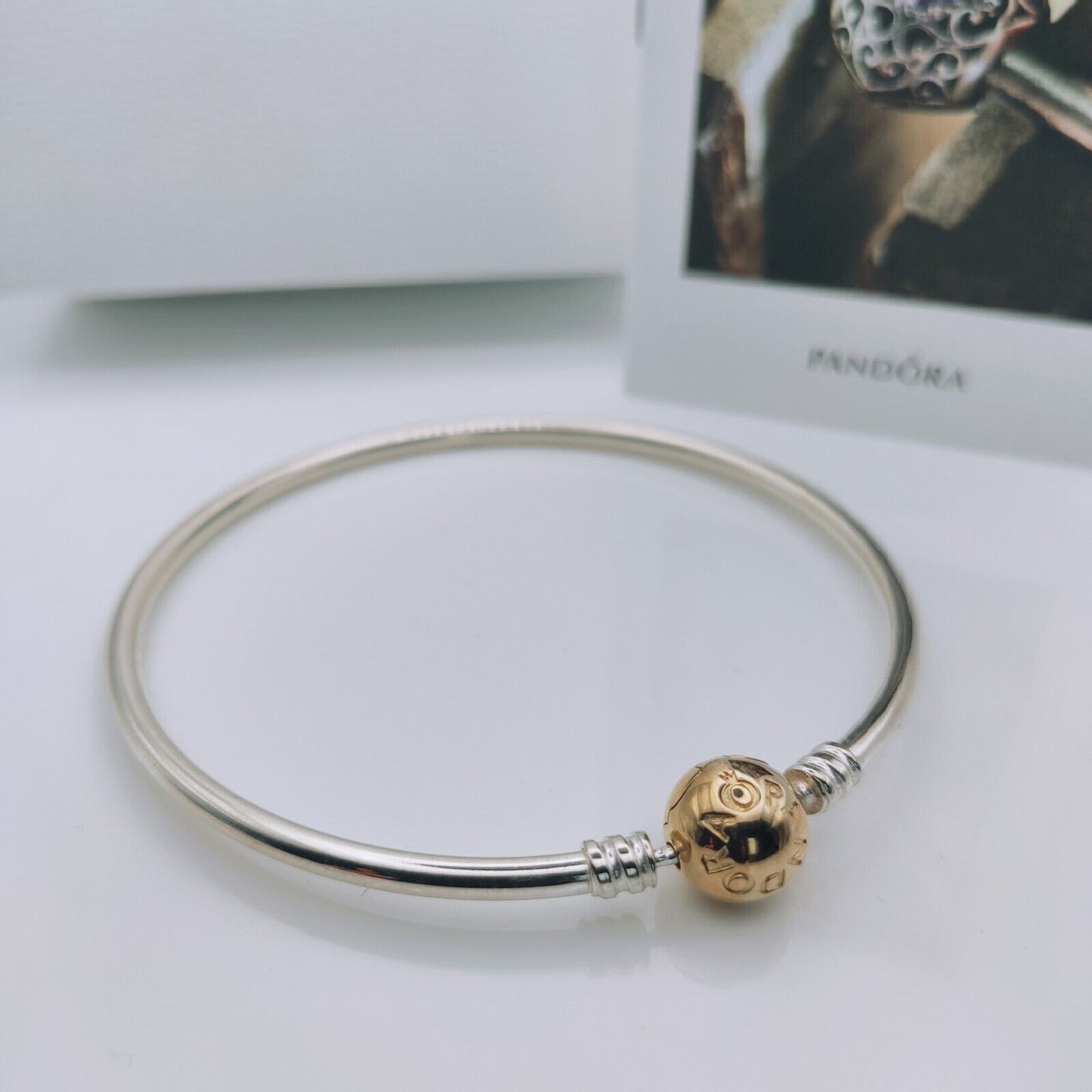 Pandora Moments 925 Sterling Silver Bangle Bracelet with 14k Gold Ball Clasp - Mia Ishaaq