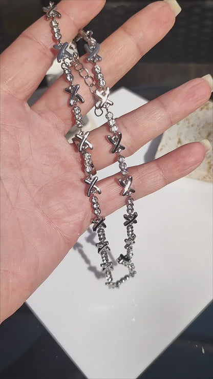 Gemma XO Crystal Cross Choker Necklace - Silver