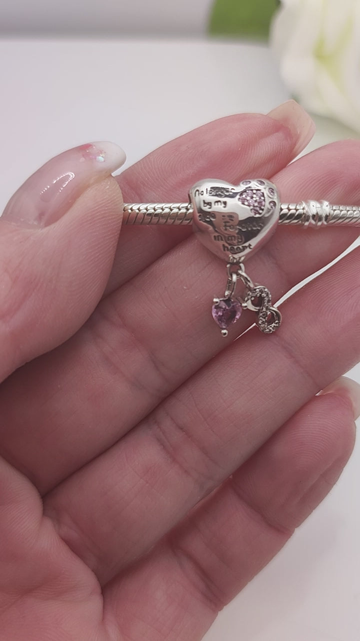 925 sterling silver no longer by my side forever in my heart in memory of your lost dog charm with pink cubic zirconia - Mia Ishaaq