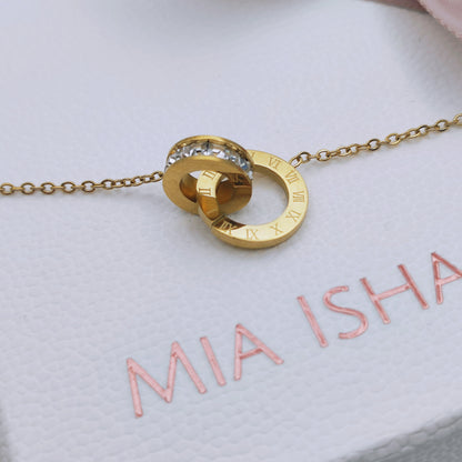 18k gold plated stainless steel waterproof duo link roman lettering necklace - Mia Ishaaq