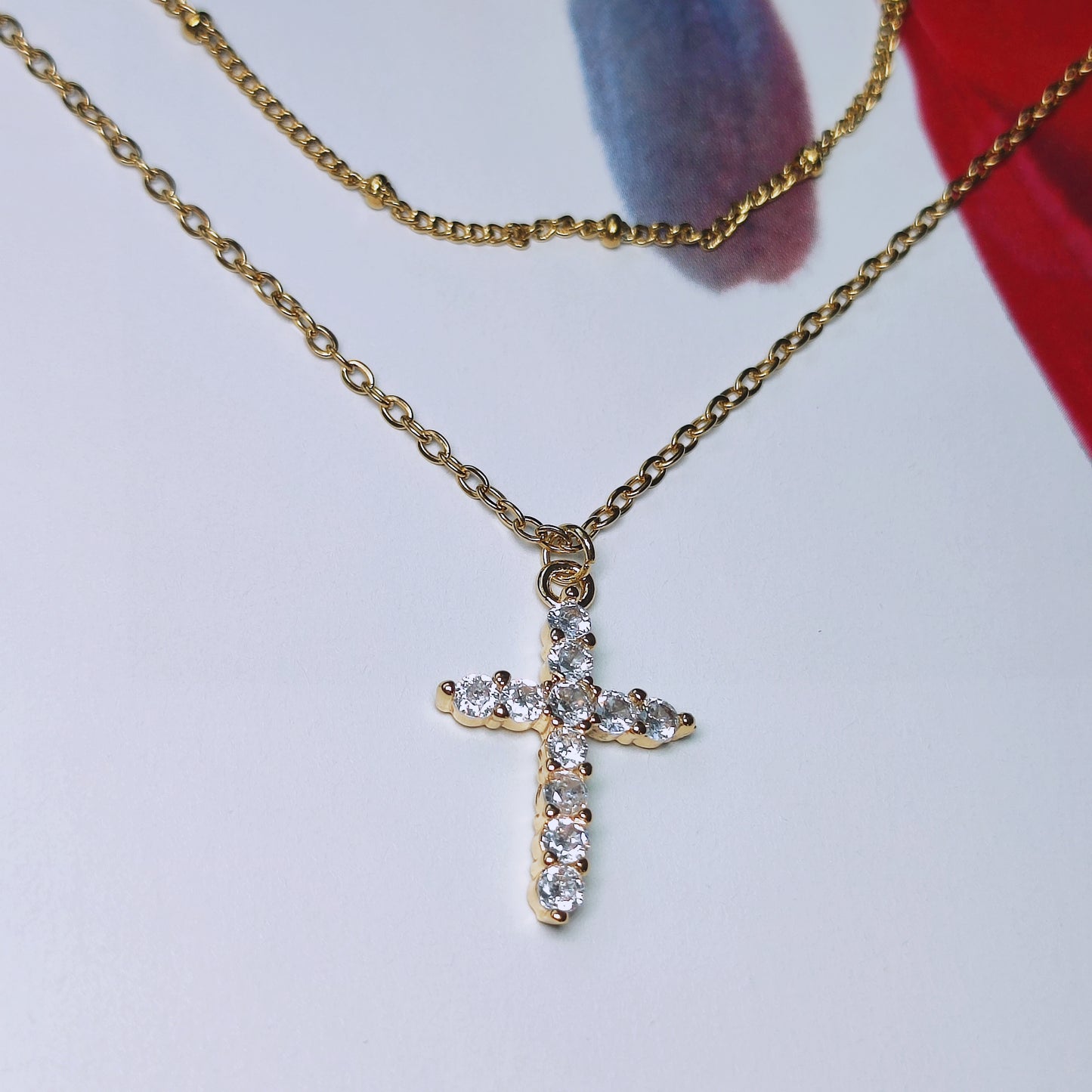 18k gold plated stainless steel waterproof water-resistant crystal cross layered necklace - Mia Ishaaq