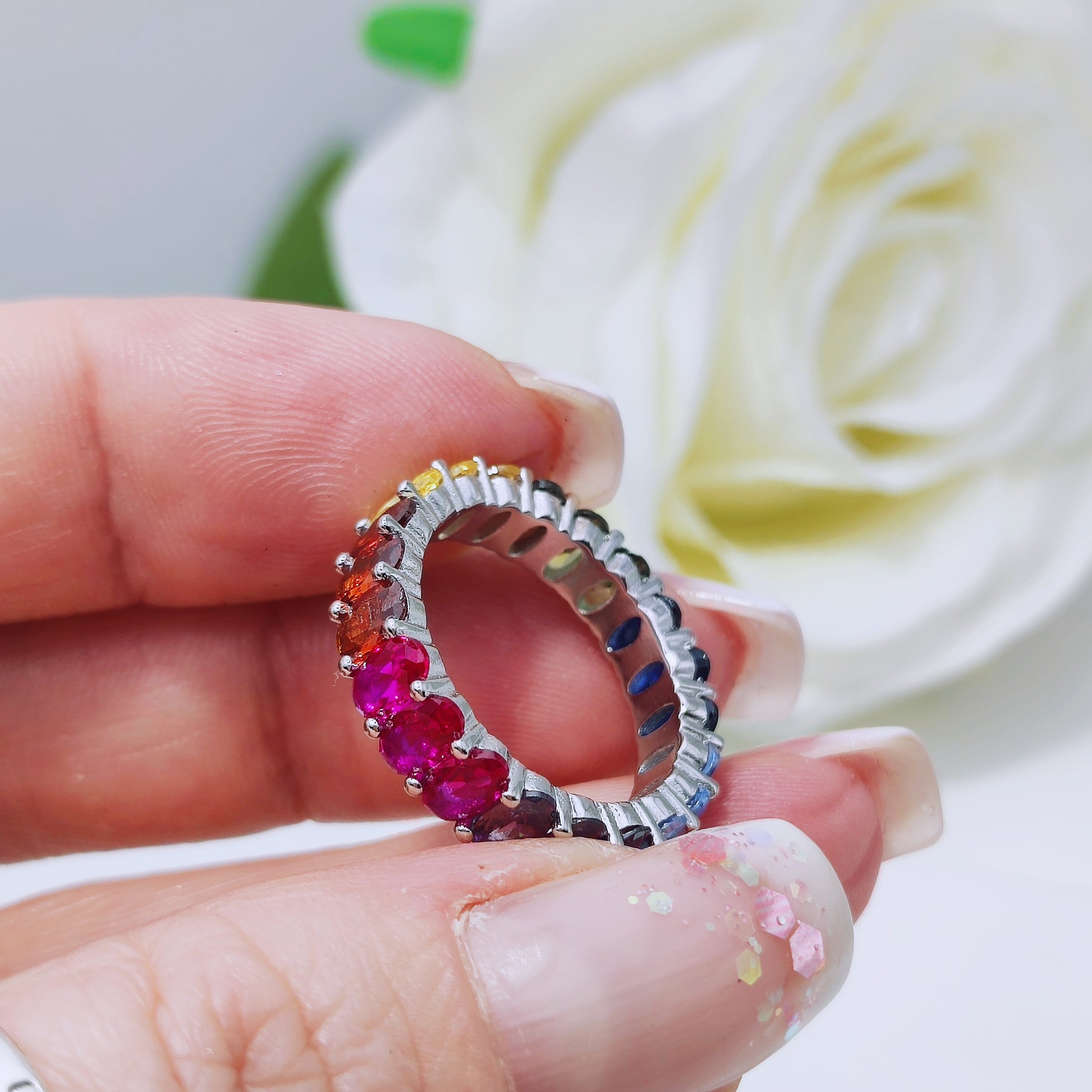 925 sterling silver multicoloured rainbow ring band - Mia Ishaaq