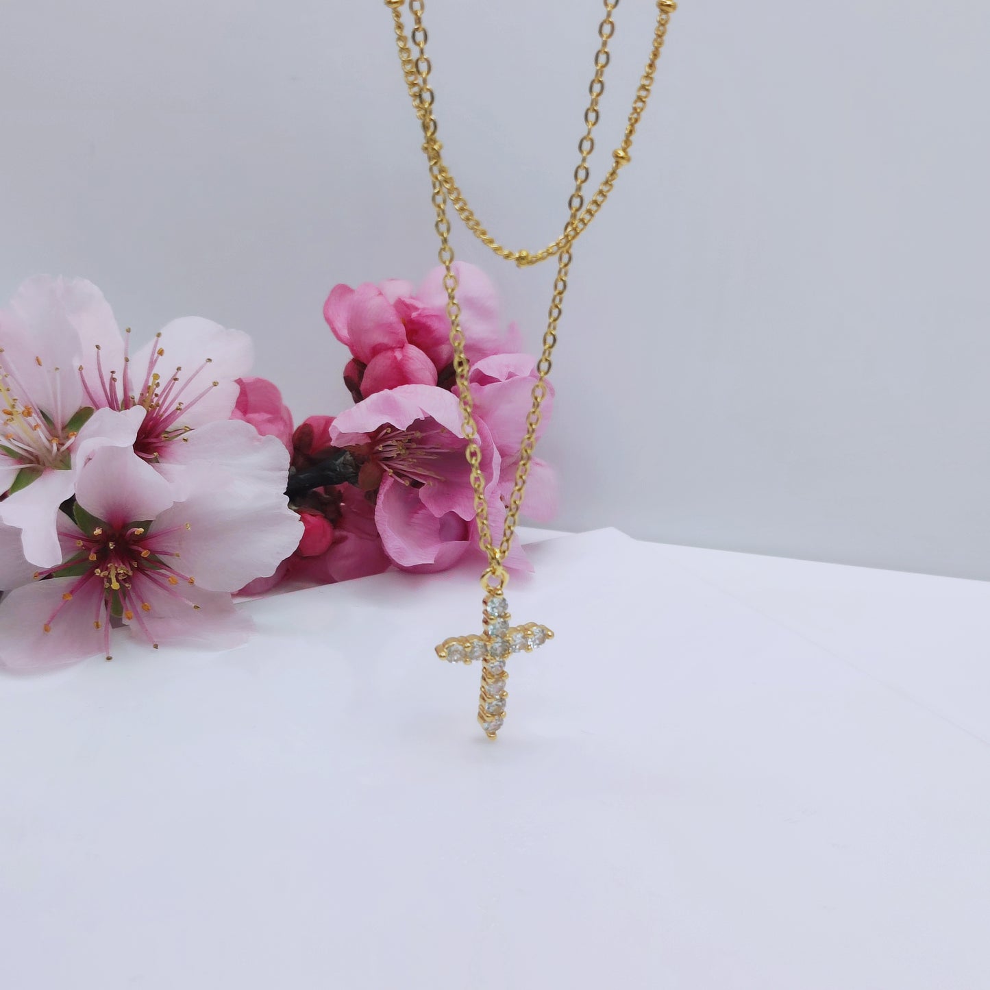 18k gold plated stainless steel waterproof water-resistant crystal cross layered necklace - Mia Ishaaq