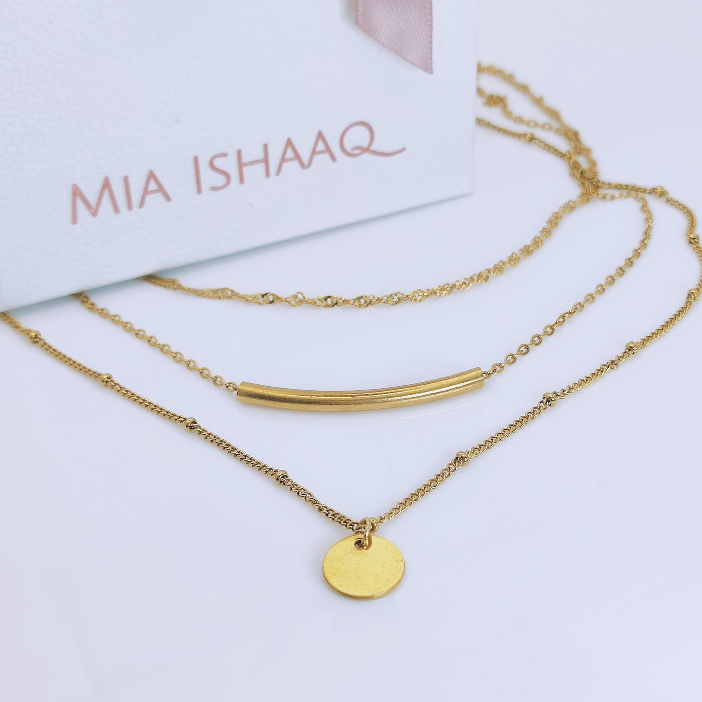 18k gold plated stainless steel curve bar round tag multi layered chain necklace - Mia Ishaaq